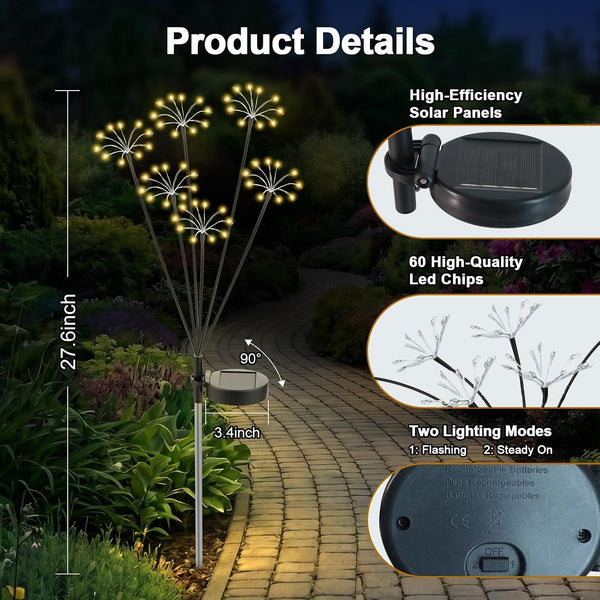 Solar Garden Lights Outdoor, 2 Pack New Upgraded Solar Swaying Starburst Light, Waterproof Fireworks Solar Lights for Yard Patio Pathway Decoration, Warm White6