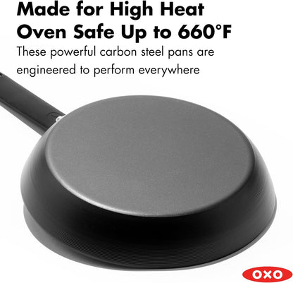 OXO Obsidian 10” Carbon Steel Frying Pan, Pre-Seasoned Skillet with Iron Cleaning Brush, Builds Natural Nonstick with Use, Induction Ready, Oven Safe, Removable Silicone Handle2