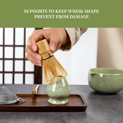 Matcha Whisk Set with Bowl, Ceramic Matcha Making Kit Includes Bamboo Whisk (Chasen), Holder Stand, Powder Starter Sifter, Scoop, Measuring Spoon & Cup Tea Tools for Ceremony (Mottled Green)5