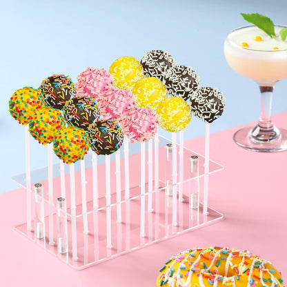 2Pack Cake Pop Stand with Sticks Kit, 15 Holes Acrylic Cake Pops Holder | Clear Lollipop Hold Display for Wedding, Birthday, Party with 100PCS Sticks, 100PCS Clear Wrappers, 100PCS Gold Twist Ties3