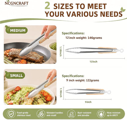 9+12 Inch Stainless Steel Kitchen Tongs for Cooking with Wood Handle, Set of 24
