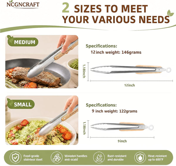 9+12 Inch Stainless Steel Kitchen Tongs for Cooking with Wood Handle, Set of 24