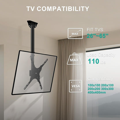 Ceiling TV Mount for Most 26-65 Inch LCD LED 4K Tvs, up to 110 Lbs | Hanging Pole Ceiling Mount TV Bracket for Home Gym Patio Gazebo, Full Motion with Tilt, Swivel, Max VESA 400X400Mm (CM2665)2