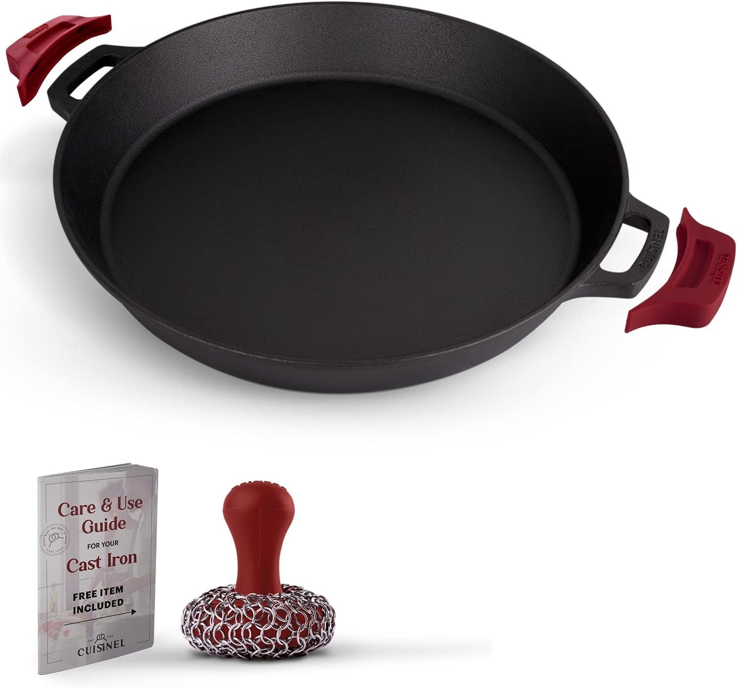 cast-iron-skillet-chainmail-scrubber-cleaner-17-inch-dual-handle-braiser-frying-pan-silicone-handle-covers-pre-seasoned-oven-grill-bbq-stovetop-fire-cookware-indoor-outdoor-use