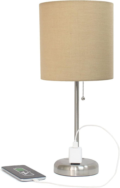 Oslo 19.5" Contemporary Bedside Power Outlet Base Standard Metal Table Desk Lamp in Brushed Steel with Tan Drum Fabric Shade6