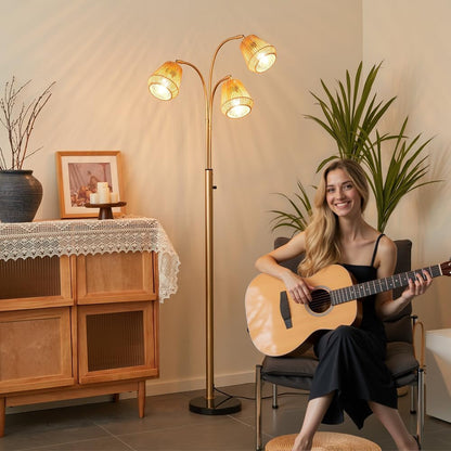 Gold Rattan Floor Lamp for Living Room, 72'' 3-Light Boho Lamp | Heavy Natural Marble Base, 1/2/3-Light Rotary Switch, Wicker Shades for Reading Corners Bedrooms8