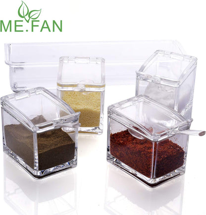 Clear Seasoning Rack Spice Pots - 4 Piece Acrylic Seasoning Box - Storage Container Condiment Jars - Cruet with Cover and Spoon5