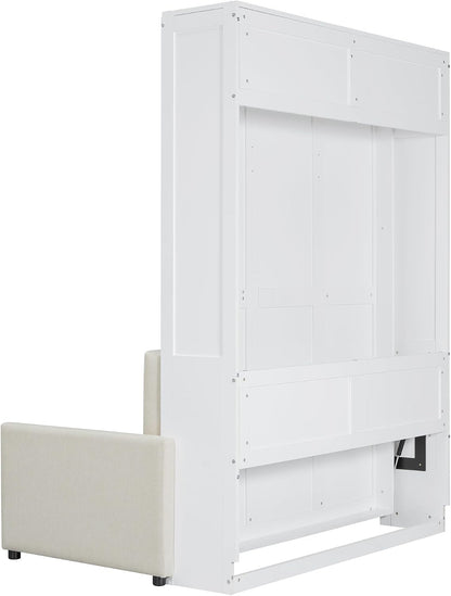 Murphy Bed Full Size Wall Bed with Sofa,Can Be Folded,Multifunctional Wood Hideaway Cabinet Bed Frame,Slat Support,Save Space,For Apartment,Guest Room,White7