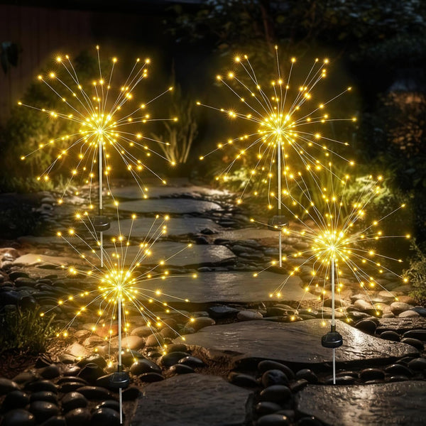 Solar Garden Firework Lights Outdoor Waterproof, 4 Pack Solar Lighting with 8 Lighting Modes, 120 LED Sparklers String Lights for outside Decor Yard Pathway Decorations(Warm)1