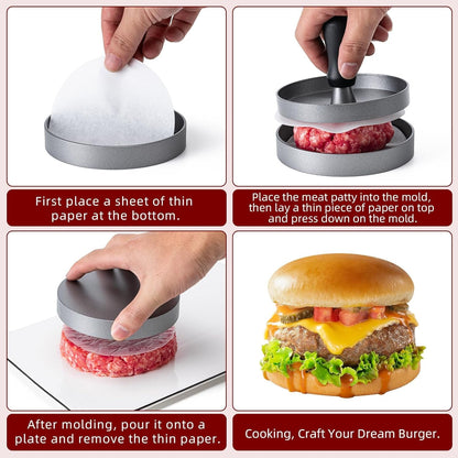 Burger Press 100 Patty Papers Set,4.6 Inch round Smasher，Grill Press | Non-Stick Hamburger Patty Maker with Wax Paper,Aluminum Burger Maker for Kitchen BBQ Meat Beef Cheese Veggie Burger Maker4