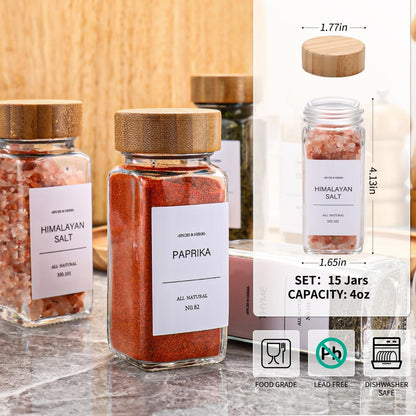 Spice Jars with Label 24Pcs,Seasoning Containers,Glass Spice Jars with Bamboo Lids,Kitchen Essentials,Spices Container Set,Kitchen Set,Seasoning Organizer,A Total of 96 Oz2