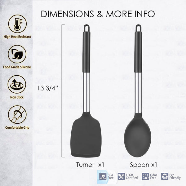 Kitchen Utensils Set of 2, Silicone Cooking Utensils, Turner/Spatula, Spoons - Heat Resistant, Nonstick Cookware, Dishwasher Safe, Black2