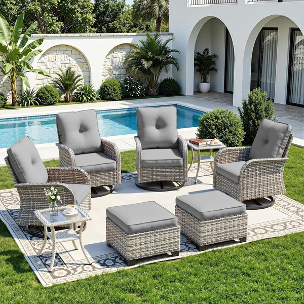 8-Piece Small Patio Furniture Set, Outdoor Swivel Rocking Chairs Set with Ottomans, Patio Bistro Set for Balcony, Deck, Porch, Grey1