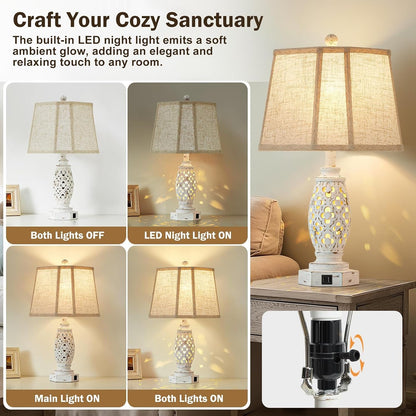 Lamps for Night Stands Set of 2-23.5" Bedside Lamp with USB A+C and Nightlight - Rustic Farmhouse Table Lamp for Bedrooms, End Tables, Living Room - French Country Decor, Bulbs Included, Cream4