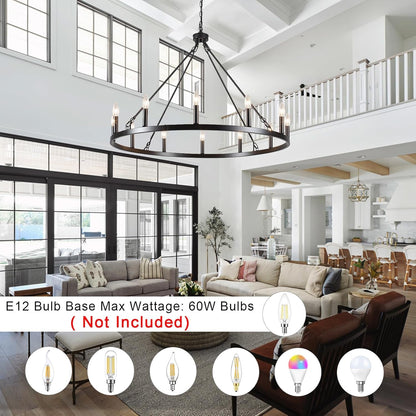 Wagon Wheel Chandelier 12 Light 38" Large Black Farmhouse Chandelier for Dining Room Rustic Country Pendant Light Fixtures Hanging Modern round Chandeliers for Living Room High Ceilings Foyer Entryway4
