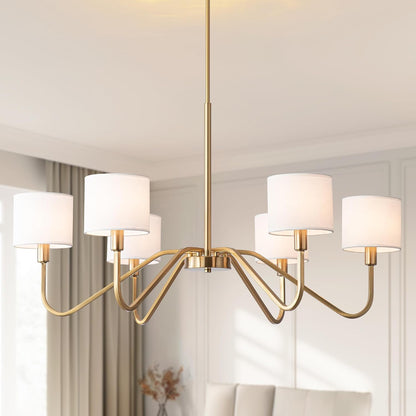 Modern Gold 6-Lights Chandelier, 39" Pendant Light with White Fabric Shade Adjustable Classic Chandelier Light Fixtures for Kitchen Island Dining & Living Room Entryway1