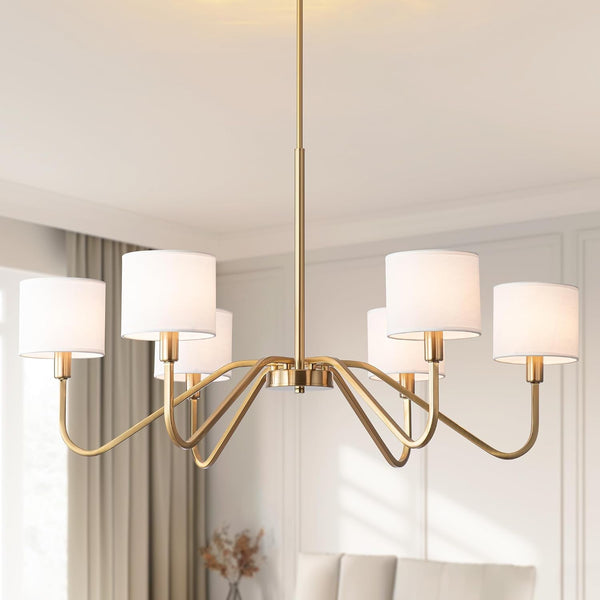 Modern Gold 6-Lights Chandelier, 39" Pendant Light with White Fabric Shade Adjustable Classic Chandelier Light Fixtures for Kitchen Island Dining & Living Room Entryway1