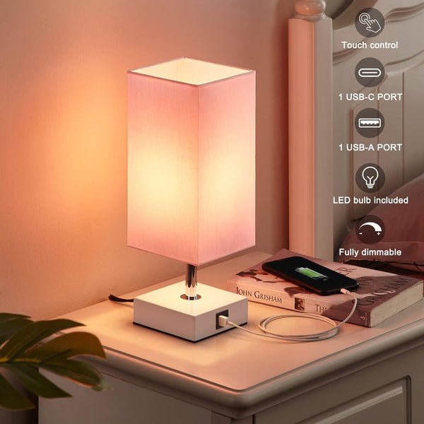 Pink Touch Table Lamp for Bedroom - Dimmable, USB C+A, Girls Bedside Lamp3