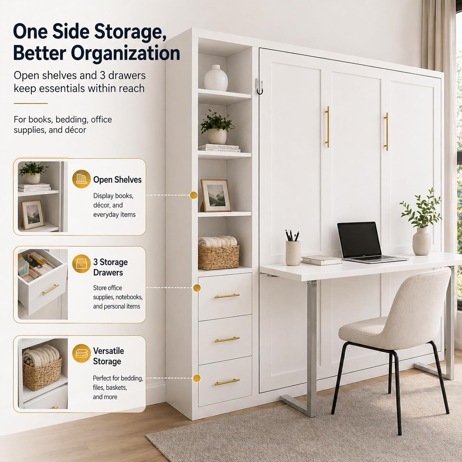 queen-size-murphy-bed-with-desk-and-single-side-cabinet-white-wall-bed-with-bookcase-shelves-3-drawers-automatic-legs-hydraulic-assist-space-saving-bed-for-bedroom-guest-room-home-office