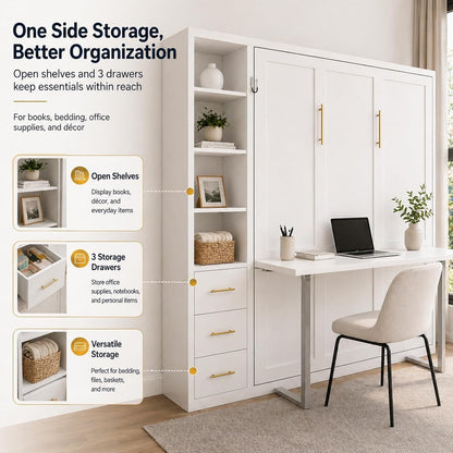 Queen Size Murphy Bed with Desk and Single Side Cabinet, White Wall Bed with Bookcase Shelves, 3 Drawers, Automatic Legs, Hydraulic Assist, Space Saving Bed for Bedroom,Guest Room,Home Office6