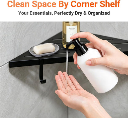 Corner Shower Shelves, 10" Matte Black 304 Stainless Steel Recessed Shelf for Bathroom，With Silicone Soap Dish and Razor Holder，Grout in Shelf with Hooks for Tiled Wall 2 Pack (Black)4