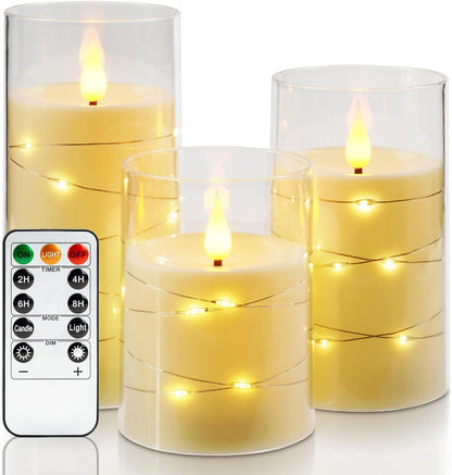 LED Flameless Candles, Battery Operated Candles with Embedded Fairy Lights, Acrylic Fake Candles with Remote and Timer for Wedding Home Decor, Ivory White, Set of 3, D3 X H4 5" 6"1