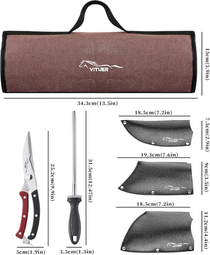 9 PCS Butcher Viking Camping Knife Set, 7" Serbian Chef Knife, 7" Butcher Meat Cleaver, 6.5" Viking Knife, 3 Knife Sheath, Honing Steel, Poultry Shears and Knife Roll Bag (Stylish Horse Pattern)3