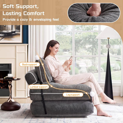 Folding Sofa Bed, Convertible Fold Out Couch Bed for Adults, Comfy Chenille Sleeper Chair with Back Support, No Wall Needed Floor Sofa Bed for Living Room Bedroom Apartment, Grey4