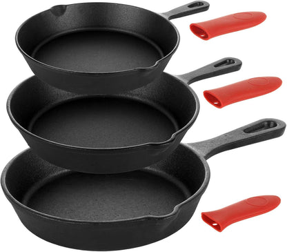 3 PCS Pre-Seasoned Cast Iron Skillet Set, 6", 8", 10" Cast Iron Frying Pan with Silicone Heat-Resistant Handles, Field Skillet Cast Iron Pans for Cooking, Frying, Saute, Cooking, Pizza - Black1