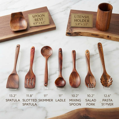 9-Piece Wooden Cooking Utensils Set with Ergonomic Handles – Natural Teak Wood Kitchen Utensils – Non-Scratch Cooking Spoons, Spatula, Ladle, Skimmer, Pasta Server – Safe for Nonstick4