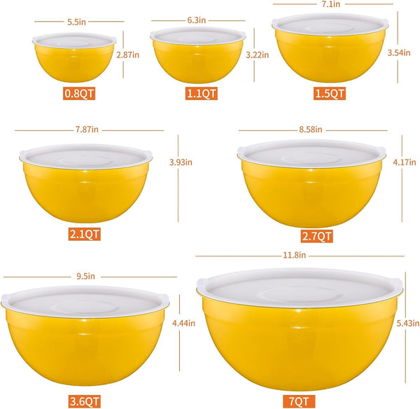 Yellow Mixing Bowls with Airtight Lids,Stainless Steel Bowl,Salad Bowls 7 Piece Colorful Nesting Bowl Yellow Kitchen Accessories,Size 7,3.6,2.7,2.1,1.5,1.1,0.8QT Stackable Design2