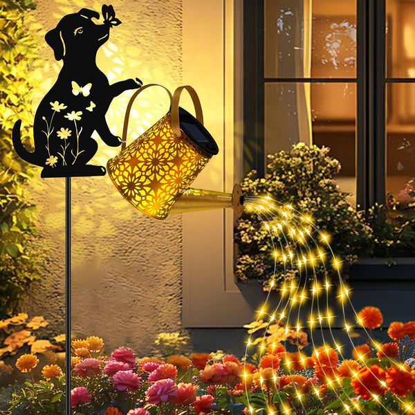 Solar Lights Outdoor Decorative, Watering Can with Cascading Lights, with Dog Silhouette Garden Stakes, Gifts for Mom Women, Waterproof Metal Garden Decor for Yard Art, Outside(1 Pack)2
