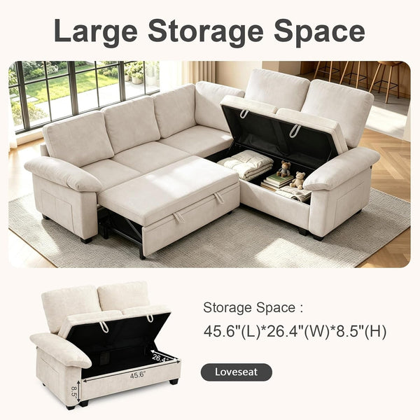 85 Inch Modular Sectional Sleeper Sofa with Pull Out Bed,L Shaped 5 Seat Sectional Couch with Storage, Modern Chenille Cloud Couch, Convertible Sectional Couches for Living Room, Apartment, Beige3