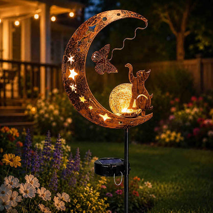 Hummingbird Moon Solar Garden Stake Light Outdoor, IP65 Waterproof Metal Pathway Decor Lamp with Crackle Glass Globe, Warm White Starry Illumination for Yard Patio Lawn (Cat & Butterfly)1