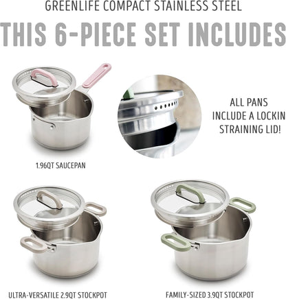 BK Twisting by  Stainless Steel 6 Piece Locking Lid Cookware Set, Built in Strainer, Induction Pots & Pans, Drip-Free Pour Spouts, Silicone Handles, Saucepan, Stock Pot, Dishwasher Safe4