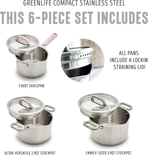 BK Twisting by  Stainless Steel 6 Piece Locking Lid Cookware Set, Built in Strainer, Induction Pots & Pans, Drip-Free Pour Spouts, Silicone Handles, Saucepan, Stock Pot, Dishwasher Safe4
