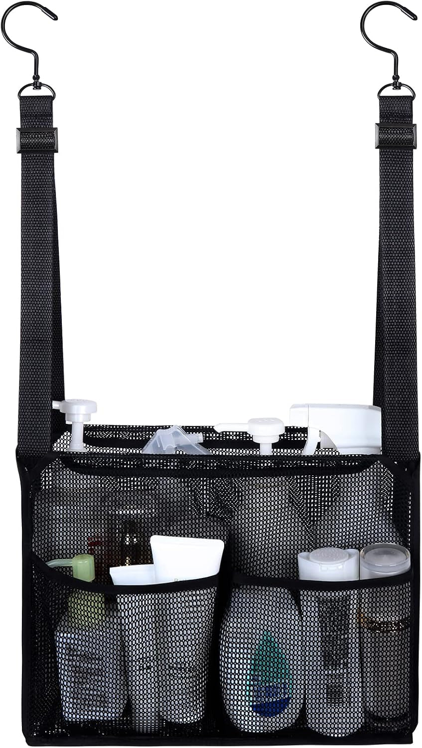 4-storage-pockets-adjustable-hanging-mesh-bathroom-bag-shower-caddy-college-with-hooks-applied-to-college-dorm-rooms-gym-swimming-and-rv-travel-black