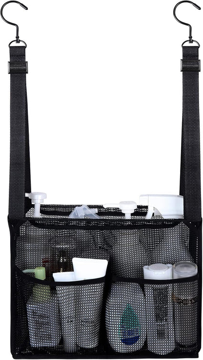 4 Storage Pockets Adjustable Hanging Mesh Bathroom Bag, Shower Caddy College with Hooks, Applied to College Dorm Rooms, Gym, Swimming and RV Travel (Black)1