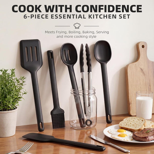 Kitchen Utensils Set 6 Pcs,Silicone Cooking Utensils Set,Spatula Set,446℉ Heat Resistant Cooking Utensils,Tongs,Spoon,Bpa Free Kitchen Gadgets Appliances for Non-Stick Cookware,Home Essential(Black)3