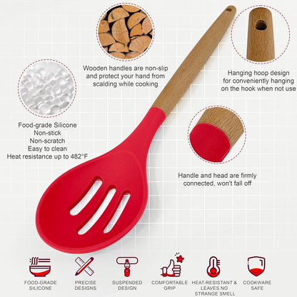 Silicone Kitchen Utensil Set, 12-Piece Cooking Spatula Set with Natural Beech Wood Handles, Non-Stick, Heat Resistant (Red)6