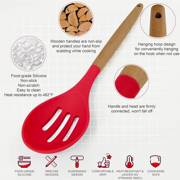 Silicone Kitchen Utensil Set, 12-Piece Cooking Spatula Set with Natural Beech Wood Handles, Non-Stick, Heat Resistant (Red)6