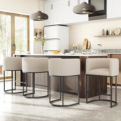 26" H Counter Height Bar Stools Set of 2, Modern Barrel Counter Stools with Backrest and Arms, Linen Fabric Upholstered Accent Barstools for Kitchen Island,Support 450 LBS (Beige)7