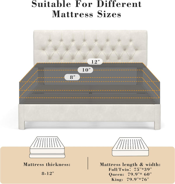 King Size Bed Frame with Headboard, Luxury Velvet Fabric Upholstered Bed Frame with Button Tufted Design, Strong Wooden Slats Support - Low & Sturdy, Noise-Free, No Box Spring, Easy Assembly, Beige8