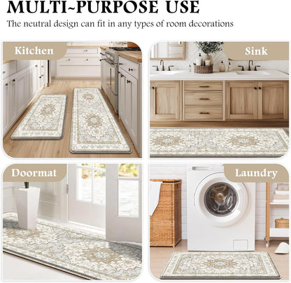 Boho Kitchen Mats for Floor 2PC anti Fatigue Kitchen Rugs, Beige Tan | 17.3"X47"+17.3"X28", PVC Cushioned Comfort, Waterproof Wipe Clean, Non-Slip, 2/5 Inch Farmhouse Standing Mat for Laundry6