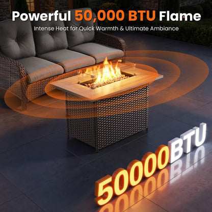 4 Pieces Brown Wicker Patio Furniture Set with Fire Pit, Swivel Chairs Grey2