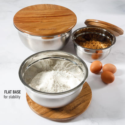 Orbit Mixing Bowl Set, 3-Piece Stainless Steel Mixing Bowls(1.5 Qt, 3 Qt, 5 Qt) with Acacia Wood Lids & Non-Slip Base, Kitchen Prep Bowls for Mixing, Serving & Food Storage7