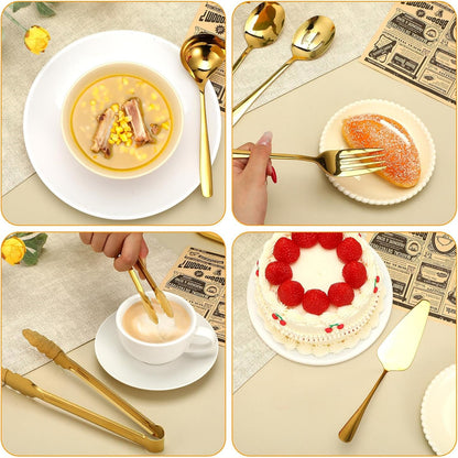 12 Pieces Gold Serving Utensils, Stainless Steel Cooking Utensils Set, Include Serving Spoons, Slotted, Spoons, Forks, 2 Sizes Tongs, Soup Ladle and Pie Cake Server for Kitchen Restaurants Buffet4