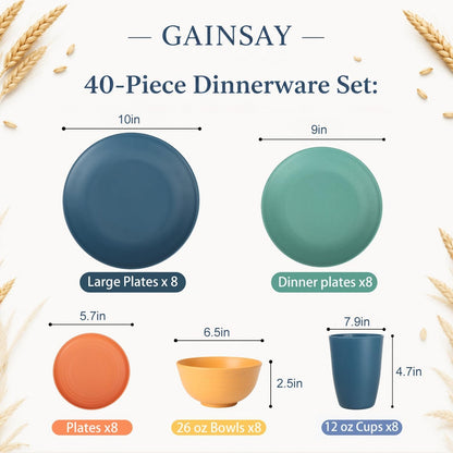 Wheat Straw Dinnerware Set, 40-PCS Lightweight Dish Set for 82