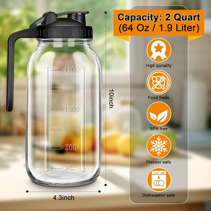 64Oz Mason Jar Pitcher, Airtight & Leakproof Glass Pitcher with Lid | 2 Quart (64 Oz) Mason Jar with Pour Spout Lid and Handle, Perfect for Breastmilk, Sun Tea, Iced Tea, Cold Brew, Juice2