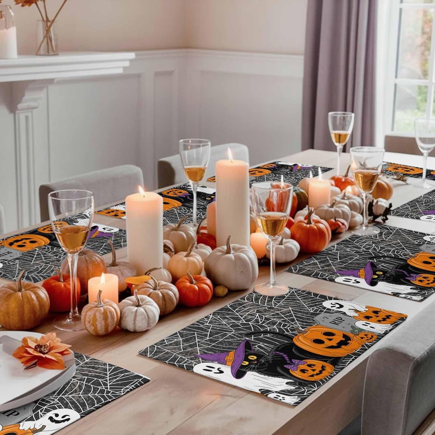 halloween-pumpkin-placemats-set-of-4-ghost-black-cat-cotton-linen-heat-proof-washable-placemat-for-holiday-banquet-kitchen-table-decor-spiderweb-black-white-table-mat-13x19inch